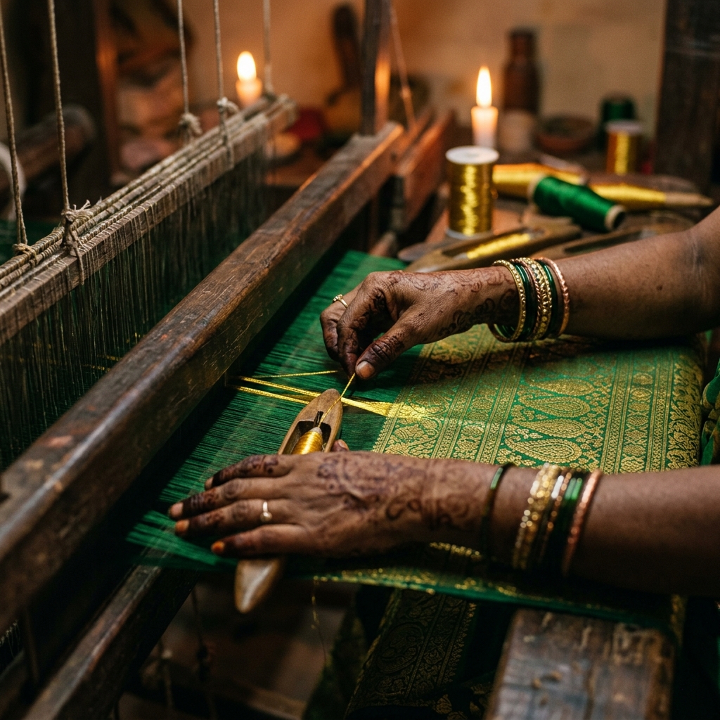 Artisan weaving organic cotton dailywear fabric on a handloom